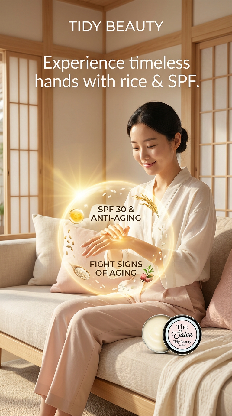 Woman sitting on a couch with a product labeled 'Tidy Beauty' featuring rice and SPF.