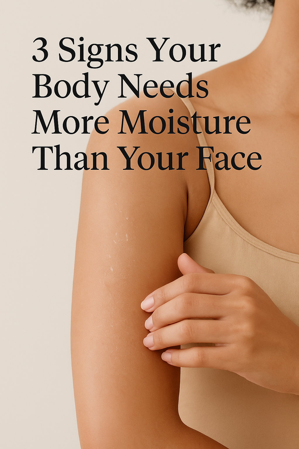 Woman's arm with visible dry skin on a beige background, text overlay about body moisture needs.