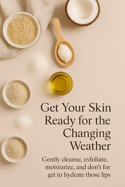 Cosmetic ingredients on a beige background with text about skincare.