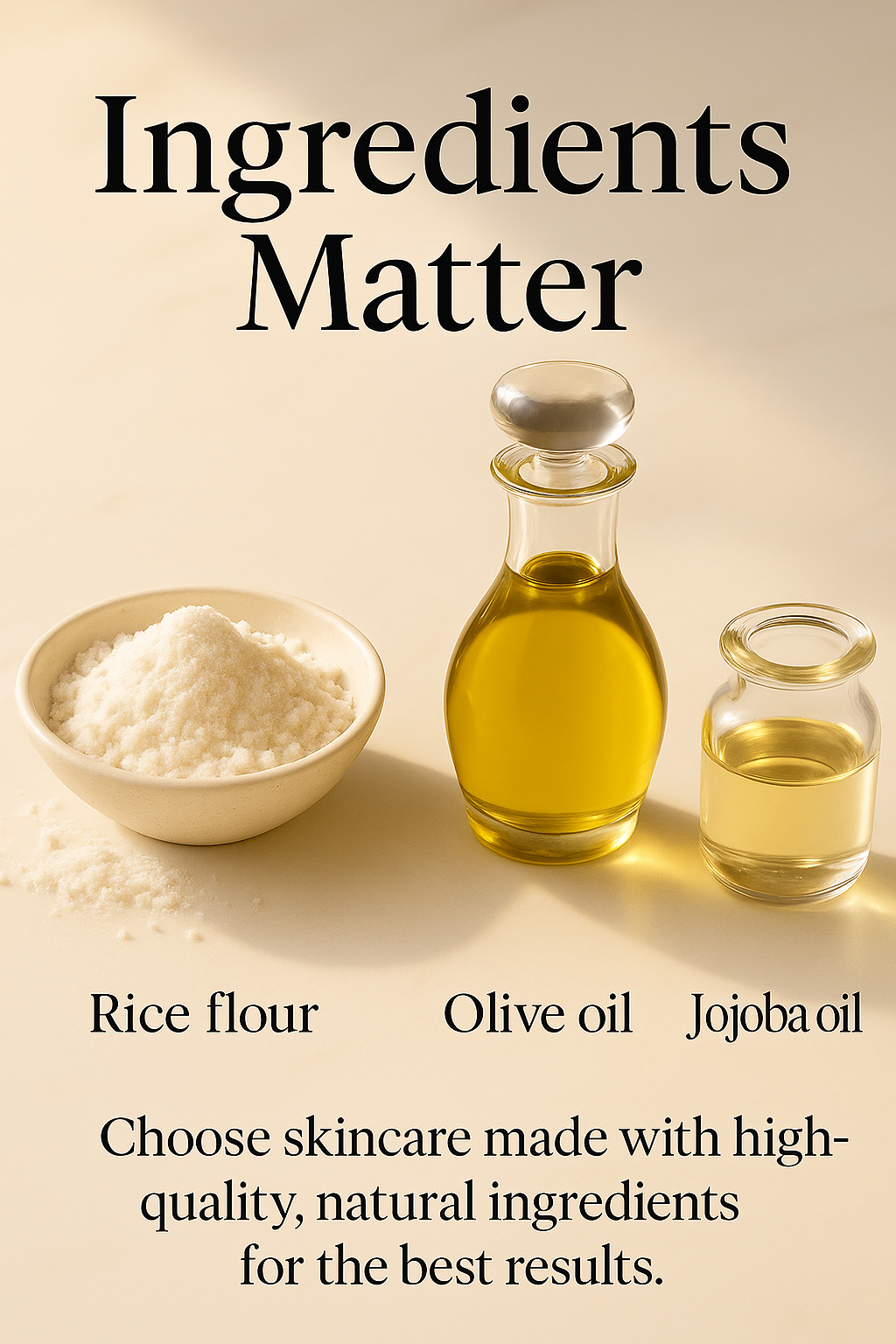 Tidy Beauty body oil key ingredients - rice flour, olive oil, and jojoba oil with text Ingredients Matter