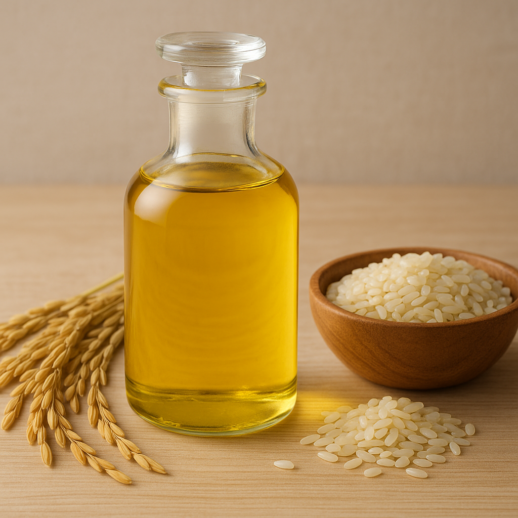 Glass bottle of rice oil with rice grains and stalks on a wooden surface