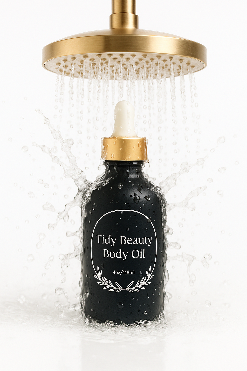 Tidy Beauty organic Korean body oil dropper bottle under a gold shower head with water splashing