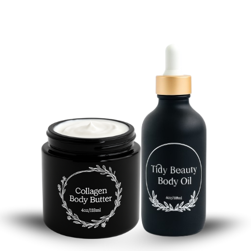 Tidy Beauty bundle set - Collagen Body Butter jar and organic Korean Body Oil dropper bottle