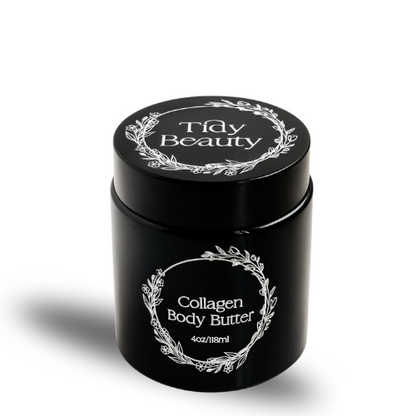 Black jar of Tidy Beauty Collagen Body Butter on a white background