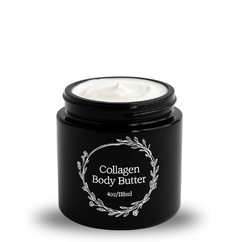 Black jar of collagen body butter on a white background