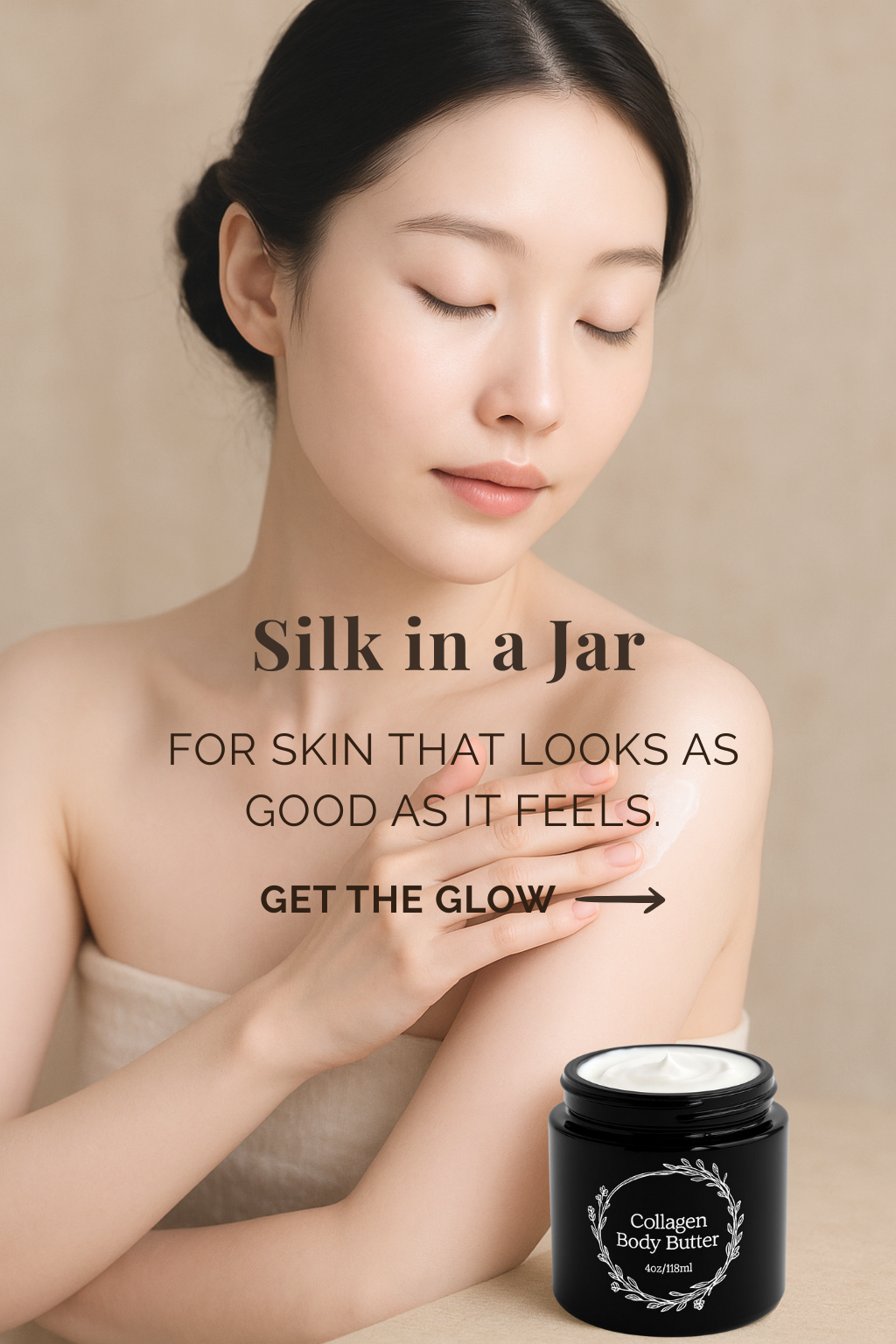 Woman with glowing skin holding Tidy Beauty Collagen Body Butter jar - Silk in a Jar