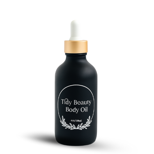 Black bottle of Tidy Beauty Body Oil with a dropper on a white background