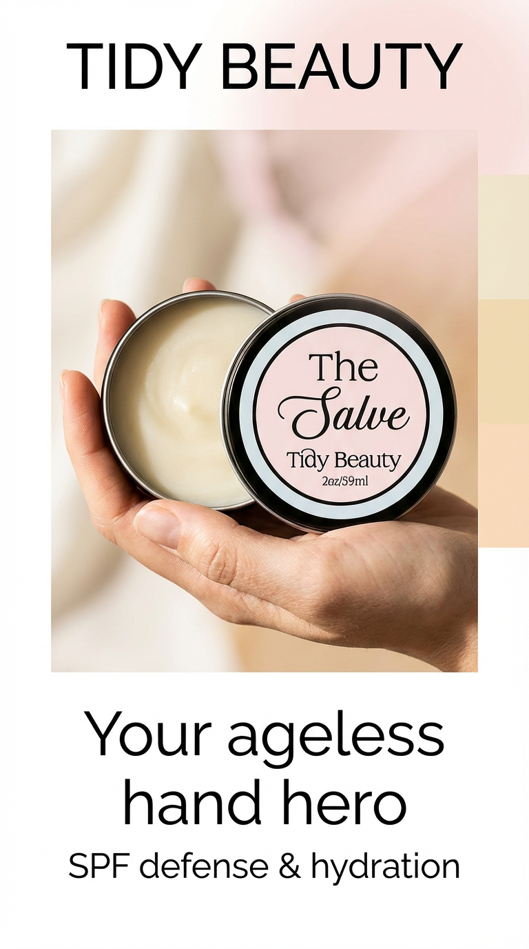 Tidy Beauty salve jar held in a hand with product description text.