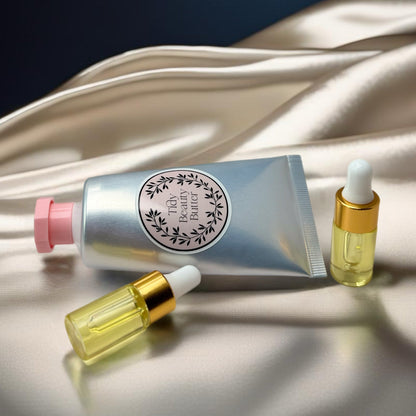 Korean skincare kit to Tidy Beauty travel mini set with body butter tube and oil droppers on silk background